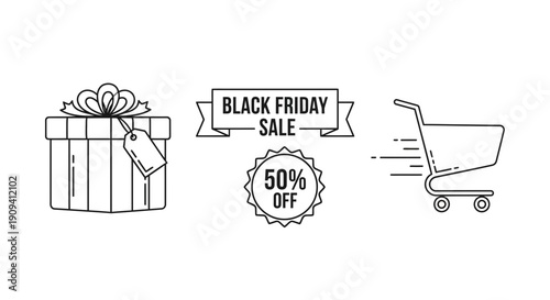 Black Friday Sale Icons: Gift Box, Discount Badge, Shopping Cart