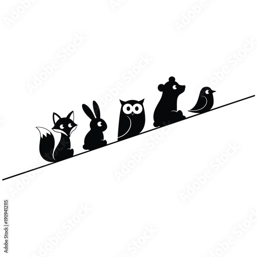 Black Silhouette Animals Sitting On Inclined Line Simple Flat Vector Illustration
