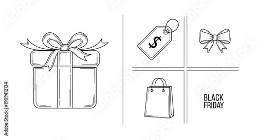 Black Friday Sale Icons: Gift Box, Price Tag, Shopping Bag, Bow Tie