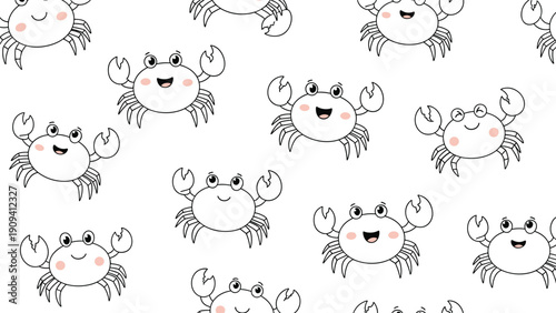 Simple seamless pattern features white cartoon crabs with happy faces and pincers scattered across a clean white background.
