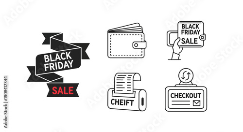 Black Friday Sale Icons: Wallet, Receipt, Checkout, Banner - Shopping Concept