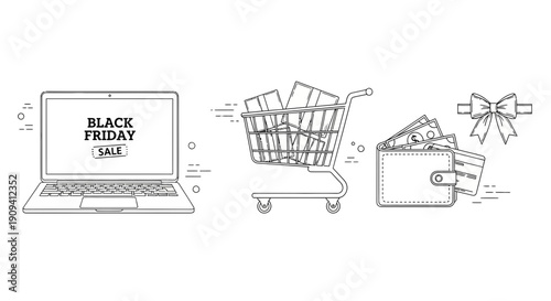 Black Friday Sale: Laptop, Shopping Cart, Wallet with Money, and Gift Bow - Online Shopping Concept