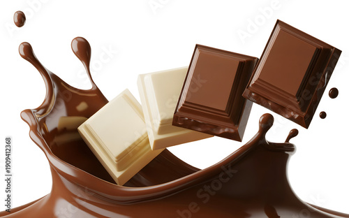 фотографія A delicious splash of melted chocolate with white and milk chocolate bars fallin