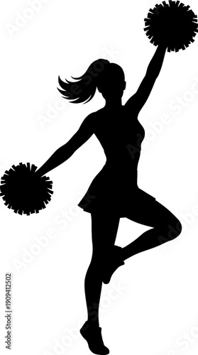 Silhouette of a cheerful cheerleader with pom-poms performing a dynamic pose