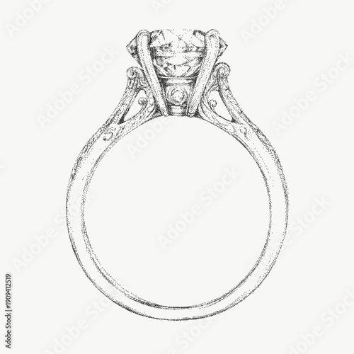 Jewelry, ring drawn with gritty stipple texture and speckled grain. Threshold cracks, dust overlays, and distressed marks appear across the metal and stone surfaces.