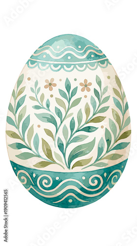 A decorative Easter egg with floral designs in watercolor style. The egg is decorated with intricate patterns and designs, suggesting a festive occasion