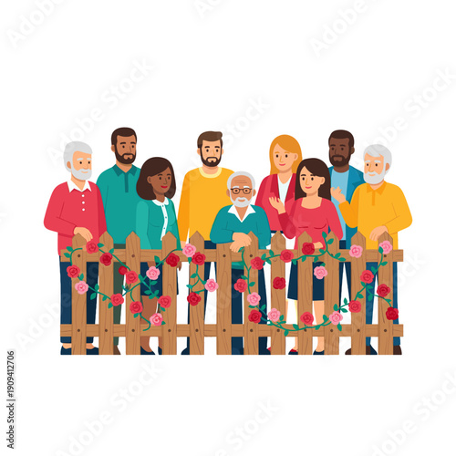 A diverse group of people standing behind a decorated fence, creating a welcoming and communal atmosphere. The fence is adorned with roses, adding a touch of elegance to the scene