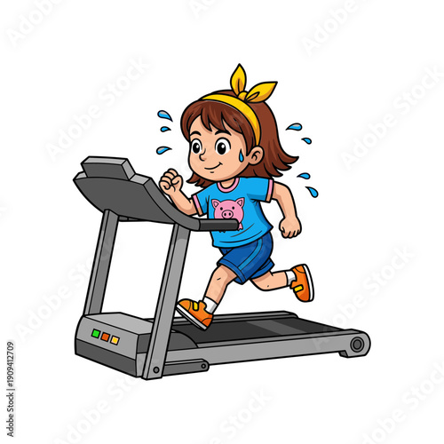 A cheerful young girl actively runs on a grey treadmill demonstrating exercise and a healthy lifestyle with a determined expression high quality professional detailed modern