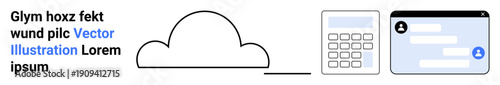 Cloud computing, online communication, data storage, financial management, tech innovation, mobile services. Cloud with calculator and chat window interface. Cloud computing and online communication