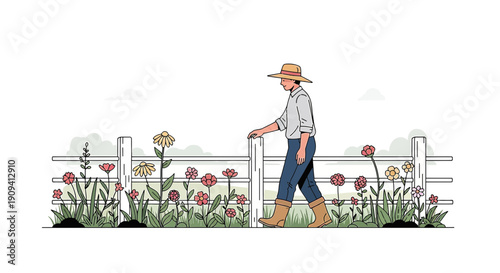 Farmer Walking Through Garden Fence with Blooming Flowers