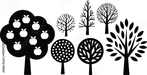 Apple tree and decorative tree silhouettes set, black botanical vector collection isolated on white background illustration