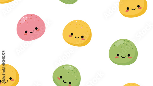 Sweet seamless pattern features various colorful mochi balls with happy blushing faces in pink, yellow, and green on white background.