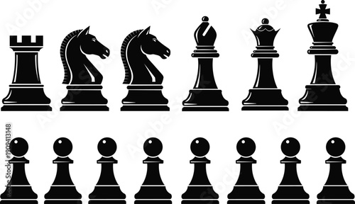 Cuadro en lienzo Vector illustration of black chess pieces icons including king queen rook bishop