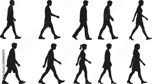 Diverse collection of male and female silhouettes walking and moving for urban lifestyle professional business group community and people walking in the city, flat vector illustration
