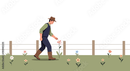 Farmer tending flowers in a field, flat illustration, spring bloom, summer garden