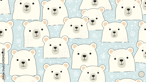 Playful seamless pattern displays many cute white polar bear heads against a light blue backdrop with soft white snowflakes falling.
