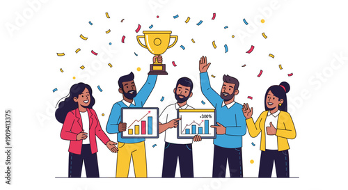 Diverse Team Celebrating Success with Trophy.