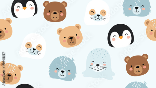 Delightful seamless pattern features cute animal faces of penguins bears and seals in soft pastel colors for children apparel.