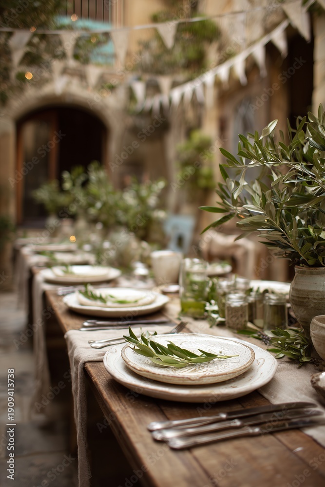 Fototapeta premium European courtyard party with ceramic plates, olive branches and fabric bunting. Elegant spring table setting with Mediterranean charm.