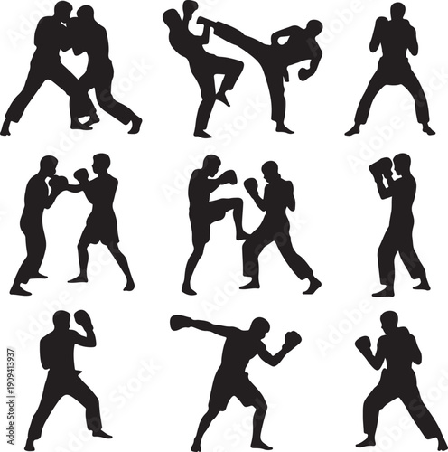 silhouette of people practicing martial arts and boxing movements