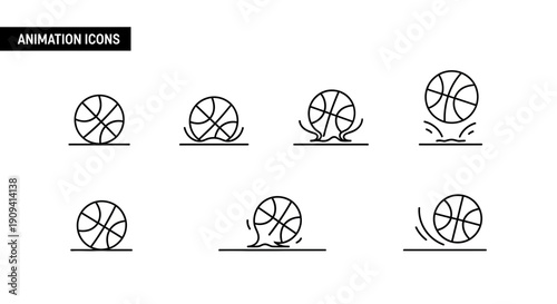 Basketball Animation Icons Set: Bouncing, Splashing, and Rolling Effects
