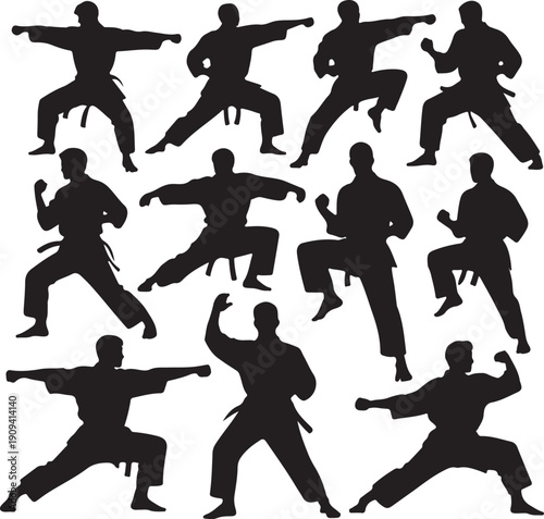 Silhouettes of men practicing karate poses and movements isolated on white background