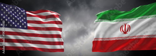 United States of America and Iran Flags Facing Each Other Aganist Dramatic Cloudy Sky. Flags are modelled and rendered.