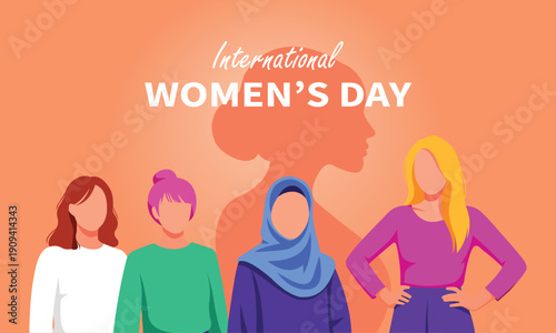 International Women's Day celebration with a diverse group of women standing together, vector illustration