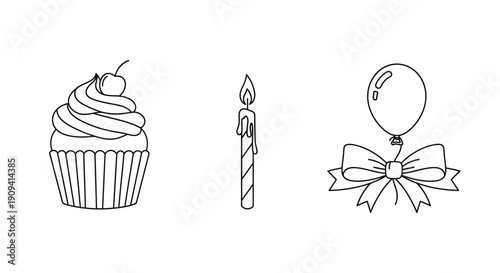 Birthday Celebration Icons: Cupcake, Candle, Balloon with Bow - Simple Line Art Vector