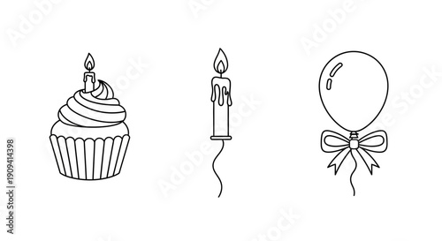 Birthday cupcake with candle and balloon, simple line art icons, celebration symbols