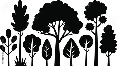 Black forest tree silhouettes set, minimalist woodland vector illustration collection isolated on white background for nature design