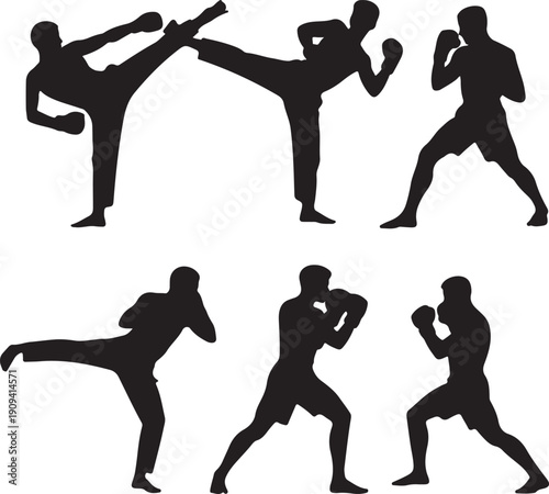 silhouette of people practicing various martial arts movements and poses