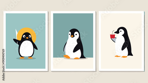 Set of three charming penguin illustrations shows the bird waving walking and drinking a beverage in a clean minimalist style.