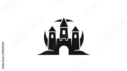 Silhouette of a medieval castle with three towers and surrounding stylized elements
