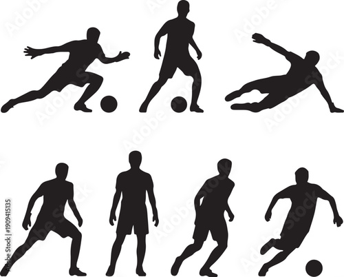 silhouette of soccer players in various poses running kicking ball