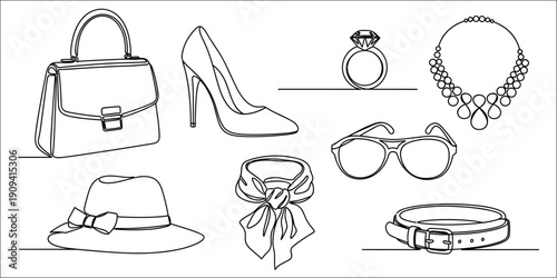Collection of elegant fashion accessories drawn in a continuous line art style