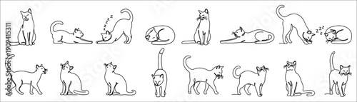 Collection of minimalist line art drawings depicting cats in various playful and resting poses