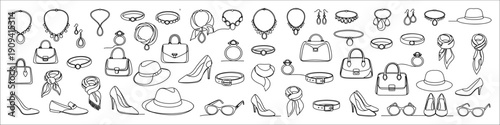 Collection of fashion accessories for women, hand-drawn line art style