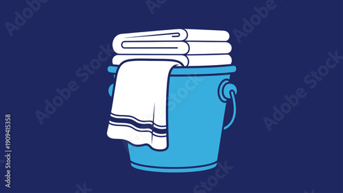 A blue bucket contains stacked white towels, one hanging down, against a dark blue background