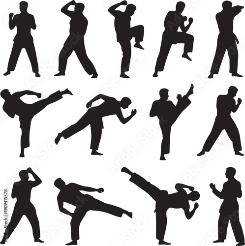 Silhouettes of people performing various martial arts poses and movements