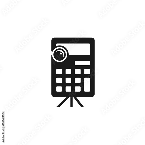 A stylized black calculator with a lens/camera element and tripod legs