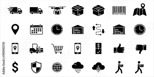 Logistics and delivery icons set for shipping, tracking, and supply chain management