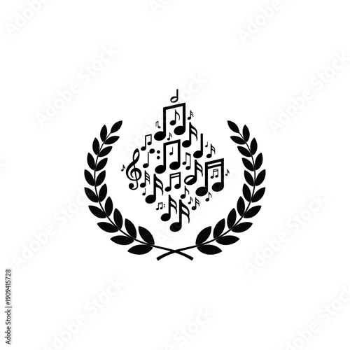 Black and white illustration of musical notes clustered inside a laurel wreath on white