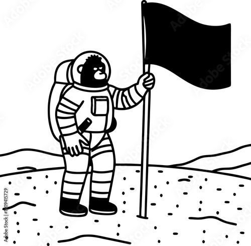 Astronaut monkey standing on lunar surface holding a flag space exploration, astronaut suit, moon landscape