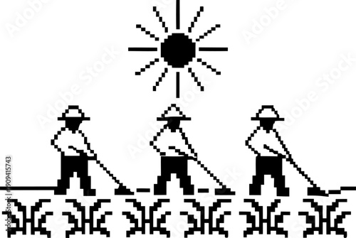 pixel art farmers working in a field under the sun, planting crops in agricultural rows