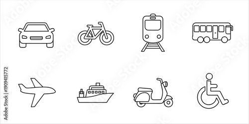 Collection of diverse transportation icons including car, bicycle, train, bus, airplane, ship, scooter, and wheelchair