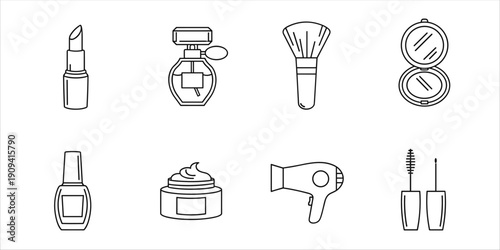 Collection of simple line art icons representing various beauty and cosmetic products