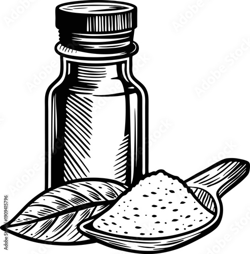 Bottle with herbal powder and leaf, natural medicine, alternative remedy, health care and organic treatment concept