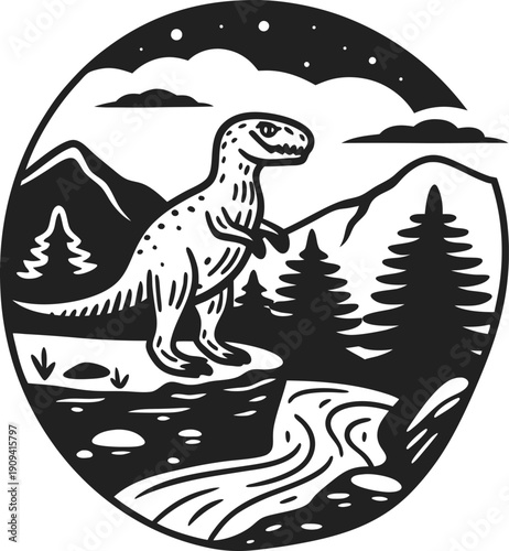 Tyrannosaurus rex in forested mountain landscape with river and starry night sky silhouette illustration