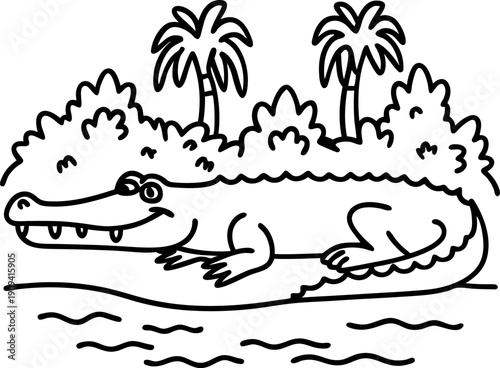 Crocodile resting near riverbank with tropical plants and palm trees in background,